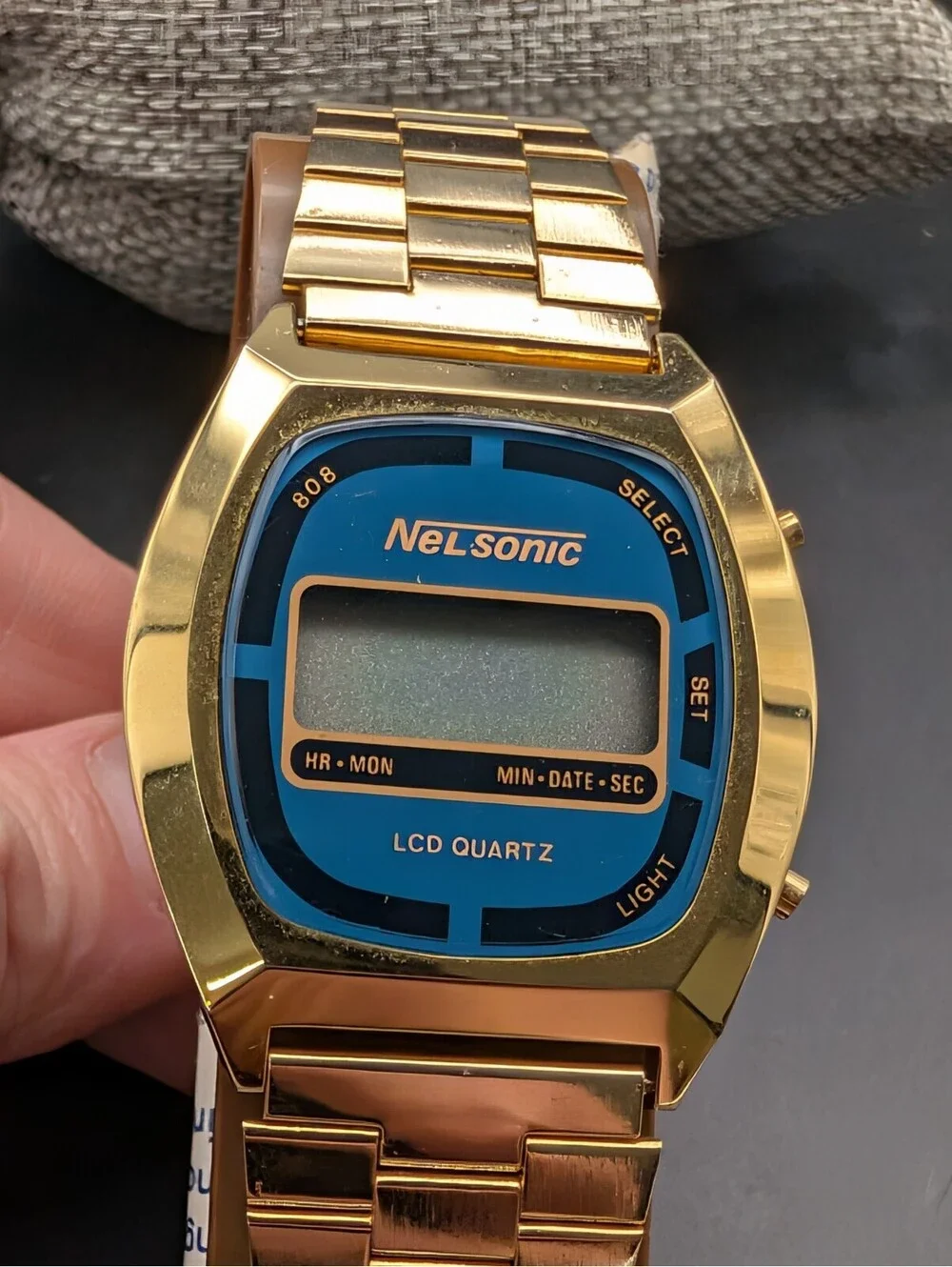 Vintage Nelsonic 808 Gold Tone LCD Digital Quartz Watch Blue Face Paperwork